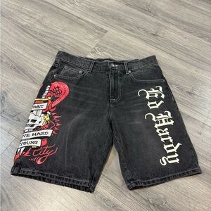 Ed Hardy Black Denim Shorts with Red & White Graphic